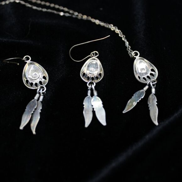Vintage Sterling Silver Turquoise Bear Claw Feather Dangle Earrings Necklace Set - Picture 6 of 7